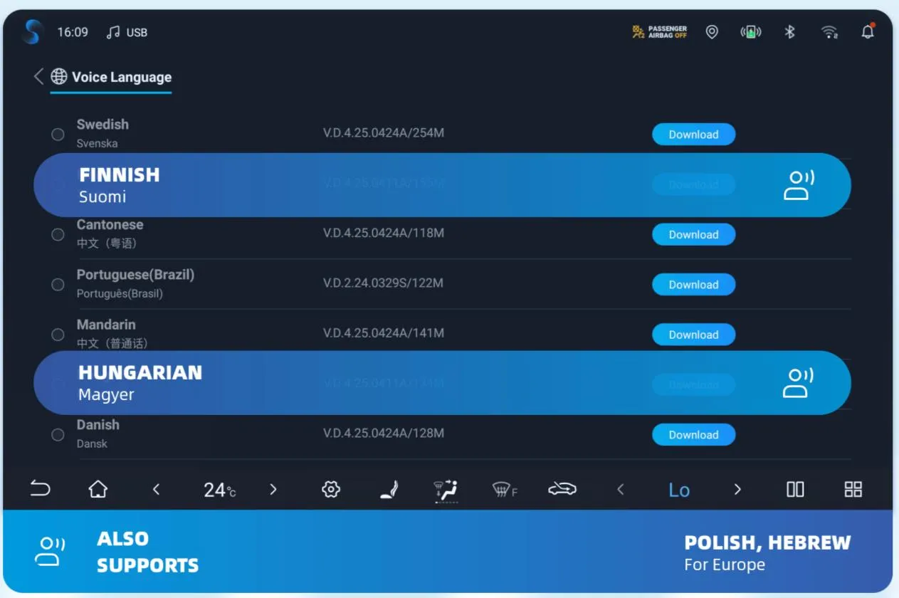 Head-unit Voice Language list showing Swedish, Finnish, Cantonese, Portuguese (Brazil), Mandarin, Hungarian and Danish with package versions and Download buttons; Finnish and Hungarian are highlighted, and a banner below reads ALSO SUPPORTS POLISH, HEBREW For Europe.