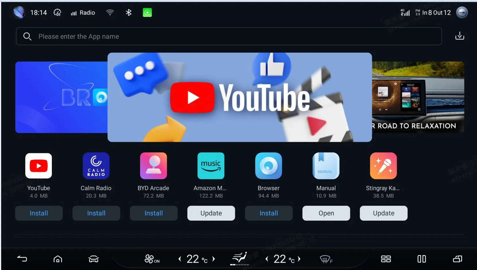 Head-unit BYD Store screen with a search field (“Please enter the App name”), a YouTube promo banner and app tiles for YouTube, Calm Radio, BYD Arcade, Amazon Music, Browser, Manual and Stingray Karaoke, each showing a download size and an Install, Update or Open button.