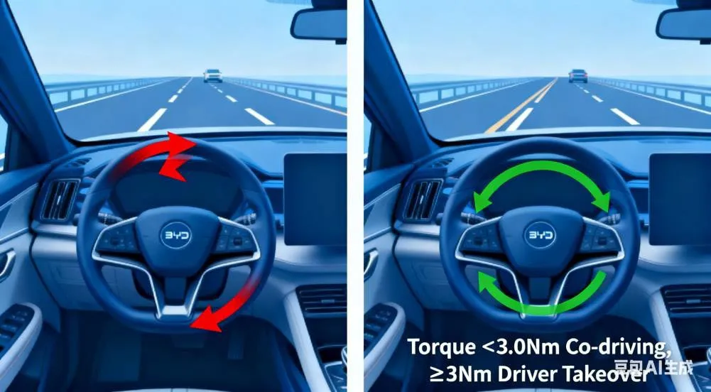 Two-panel driver’s-eye illustration of a steering wheel on a motorway: on the left red arrows around the rim, on the right green arrows with the caption Torque <3.0Nm Co-driving, ≥3Nm Driver Takeover.