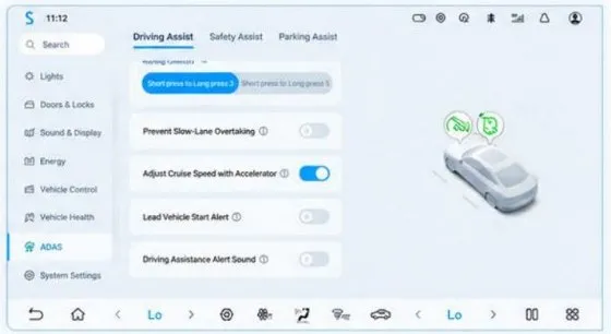 Head-unit screenshot of Settings, ADAS, Driving Assist, with switches for Prevent Slow-Lane Overtaking, Adjust Cruise Speed with Accelerator, Lead Vehicle Start Alert and Driving Assistance Alert Sound.