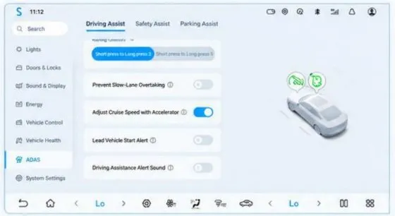 Head-unit screenshot of Settings, ADAS, Driving Assist, with switches for Prevent Slow-Lane Overtaking, Adjust Cruise Speed with Accelerator, Lead Vehicle Start Alert and Driving Assistance Alert Sound.