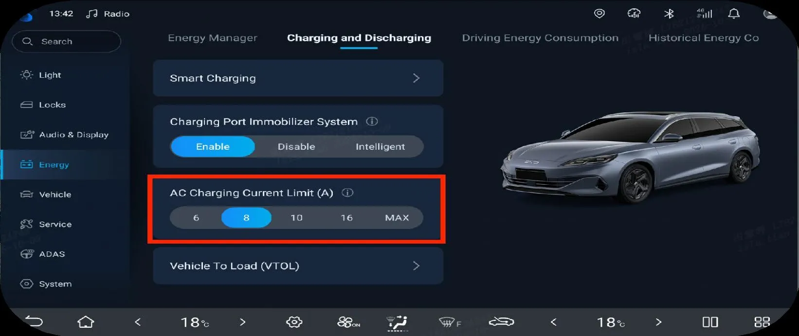 Head-unit Energy settings, Charging and Discharging tab: Smart Charging, Charging Port Immobilizer System set to Enable, and a red-outlined AC Charging Current Limit (A) row with the steps 6, 8, 10, 16 and MAX and 8 selected, above Vehicle To Load (VTOL).