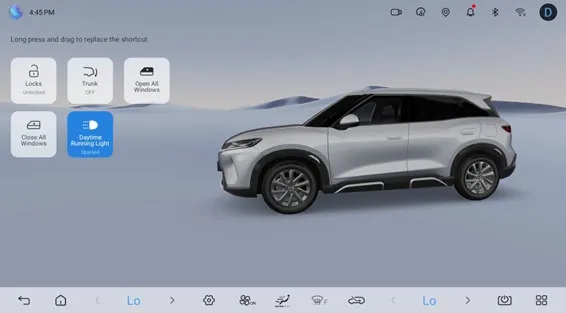 Head-unit shortcut editing screen with the hint ‘Long press and drag to replace the shortcut’, tiles for Locks, Trunk, Open All Windows, Close All Windows and Daytime Running Light, and a side view of the ATTO 2.