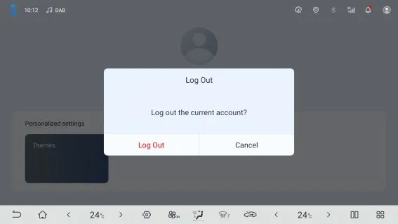Head-unit account page with a Log Out dialog asking Log out the current account? and the buttons Log Out and Cancel.