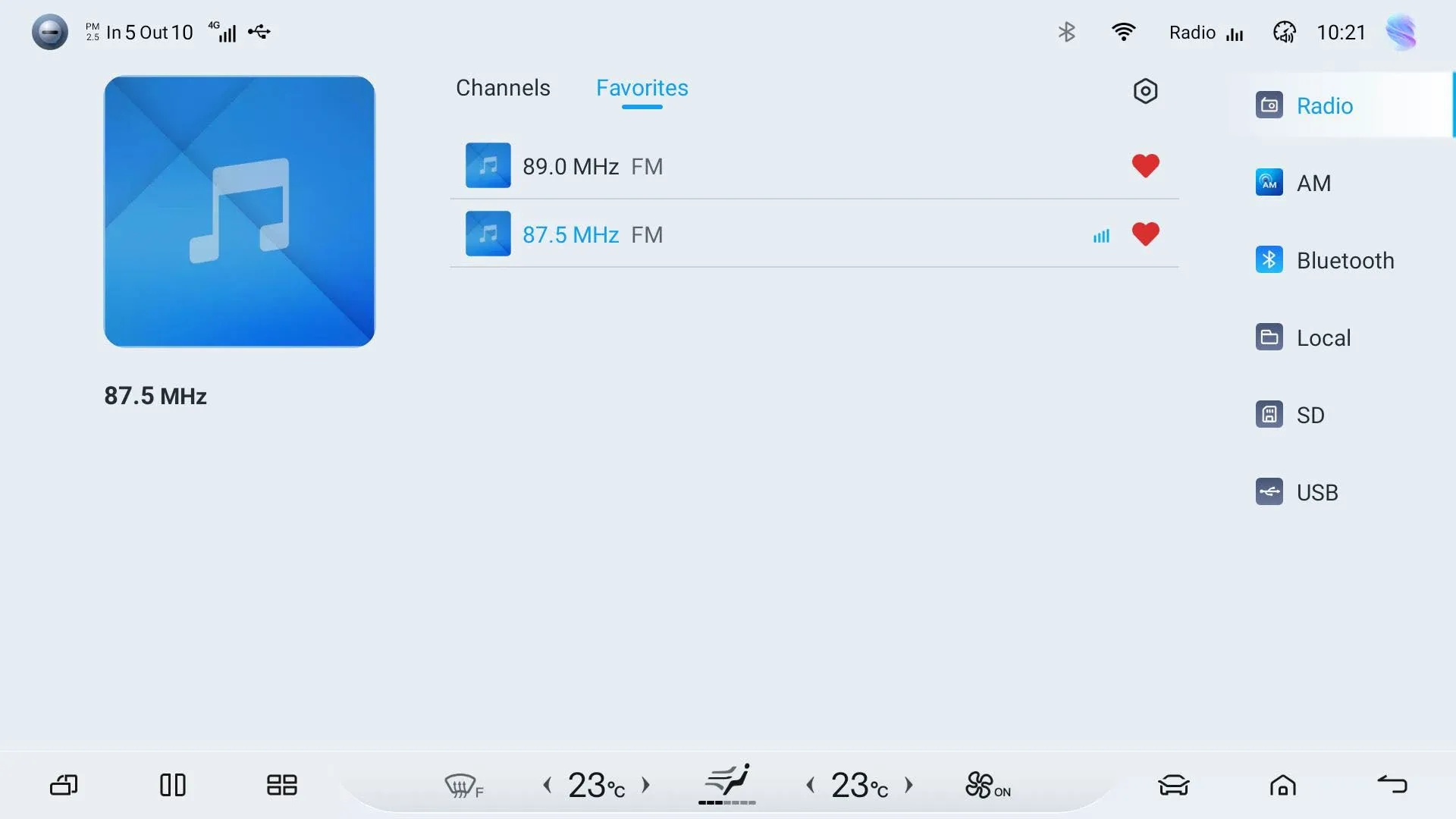 Head-unit screenshot of the Radio app tuned to 87.5 MHz FM, with a Favorites tab listing 89.0 MHz FM and 87.5 MHz FM marked with hearts, and a source list on the right (Radio, AM, Bluetooth, Local, SD, USB).