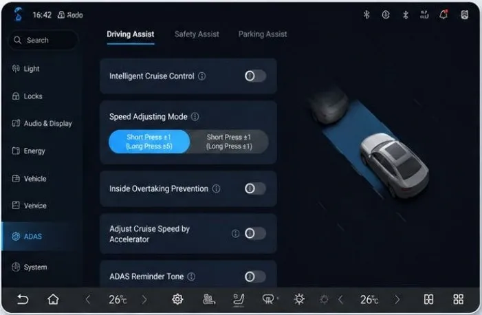 Head-unit screenshot of Settings, ADAS, Driving Assist, with a Speed Adjusting Mode selector offering Short Press ±1 (Long Press ±5) or Short Press ±5 (Long Press ±1), above switches for Intelligent Cruise Control, Inside Overtaking Prevention, Adjust Cruise Speed by Accelerator and ADAS Reminder Tone.