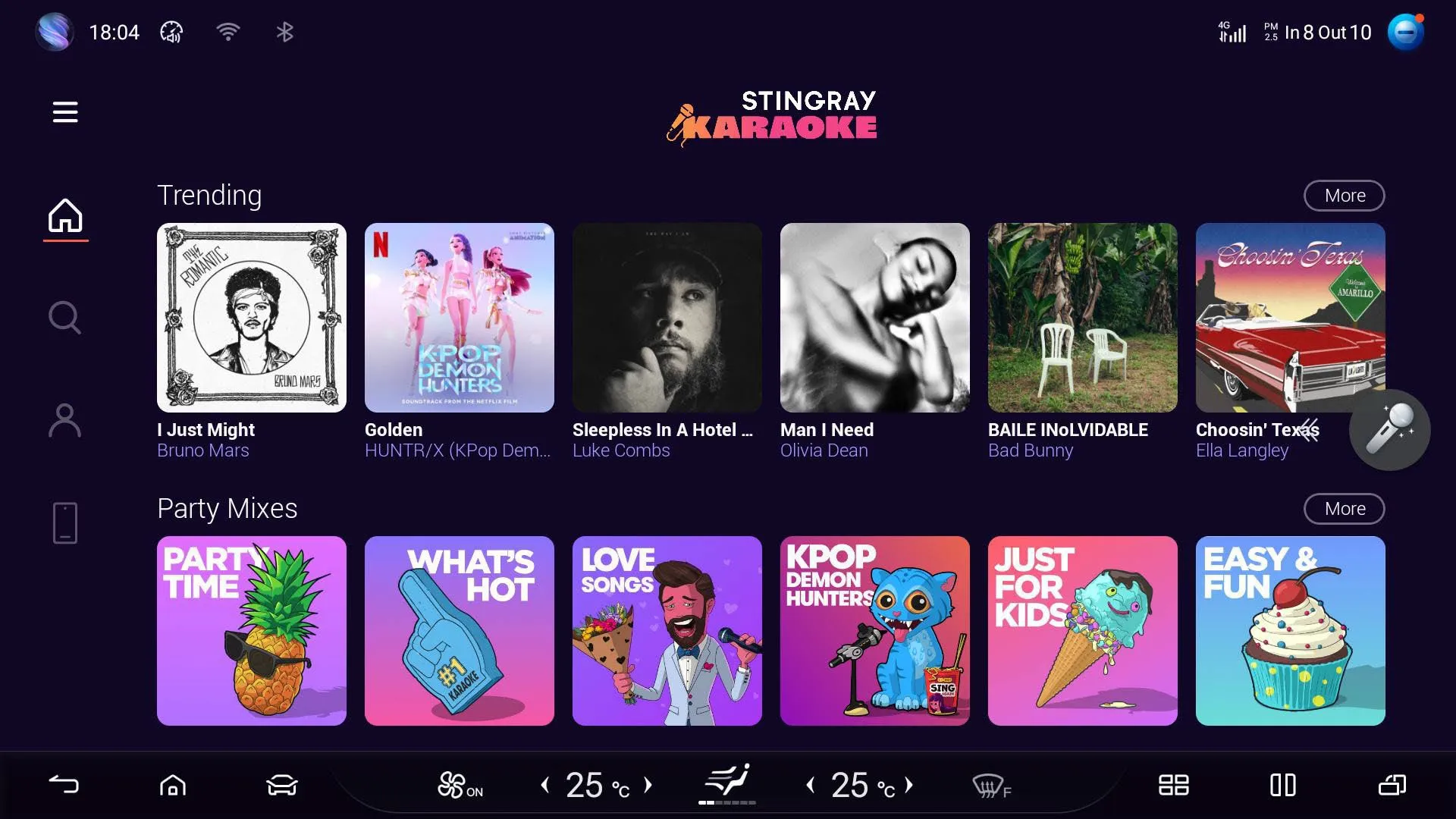 Head-unit screenshot of the Stingray Karaoke app showing a Trending row of songs and a Party Mixes row (Party Time, What’s Hot, Love Songs, KPop Demon Hunters, Just for Kids, Easy & Fun), with a microphone button at the right.