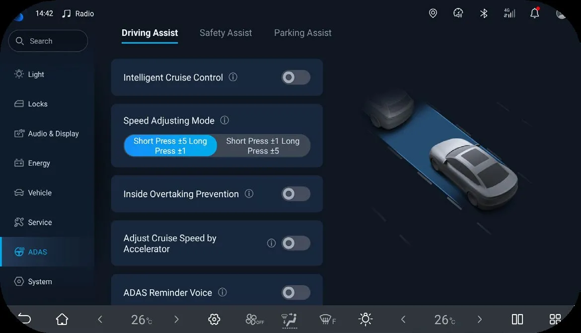 Head-unit ADAS settings, Driving Assist tab: Intelligent Cruise Control off, and a Speed Adjusting Mode selector offering Short Press ±5 Long Press ±1 (selected) and Short Press ±1 Long Press ±5, above Inside Overtaking Prevention, Adjust Cruise Speed by Accelerator and ADAS Reminder Voice.