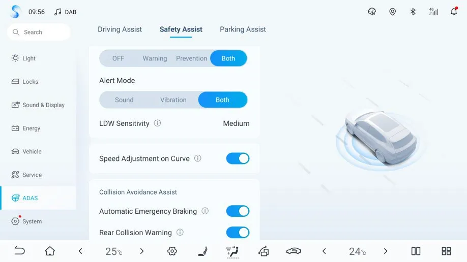 Head-unit ADAS settings, Safety Assist tab, with Speed Adjustment on Curve switched on alongside AEB sensitivity and other safety toggles.