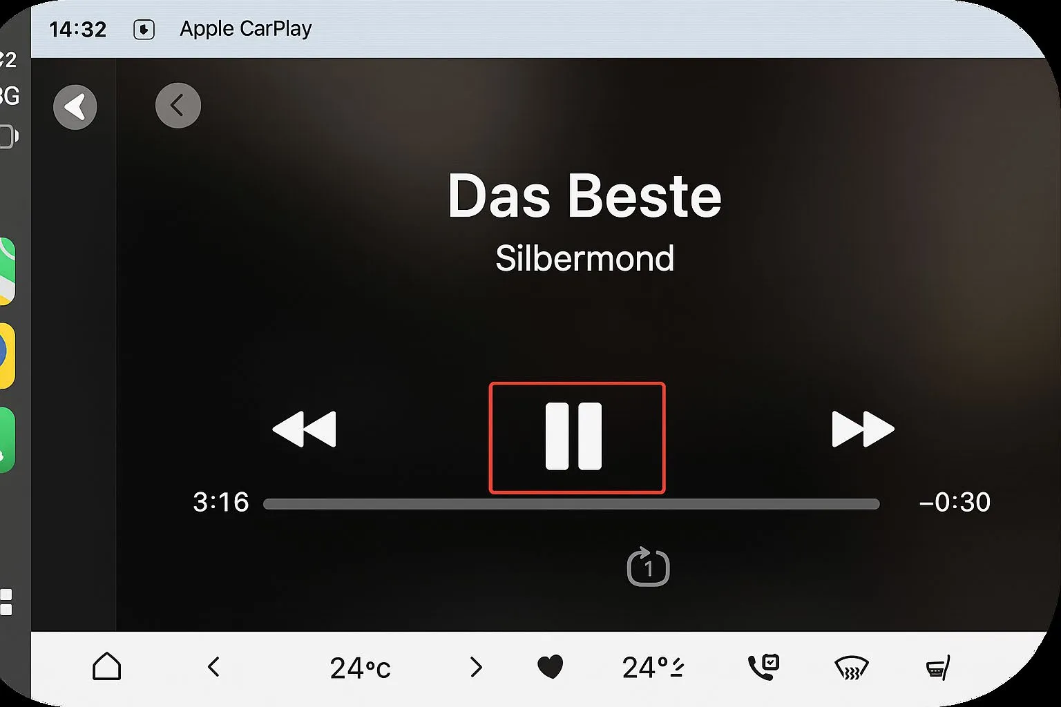 Apple CarPlay now-playing screen on the head unit showing the track Das Beste by Silbermond at 3:16 with -0:30 remaining, the pause button ringed in red between the rewind and fast-forward controls.