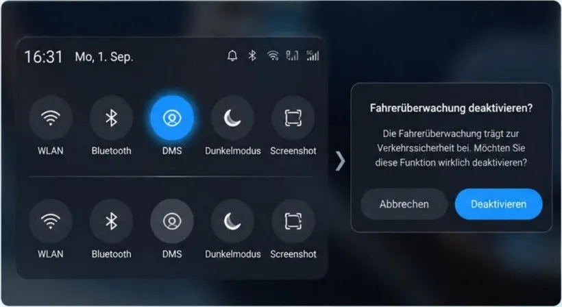 Head-unit screenshot of the quick-access panel with WLAN, Bluetooth, DMS, dark mode and screenshot tiles, shown with DMS on and off, and a German confirmation dialog asking whether to deactivate driver monitoring, with Cancel and Deactivate buttons.