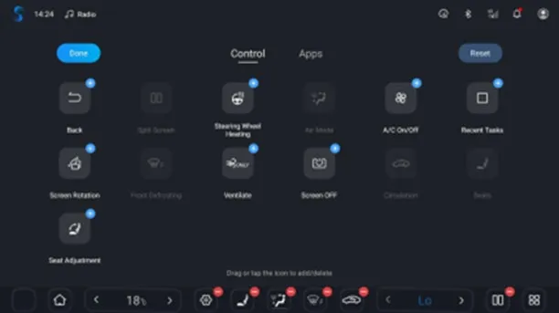Head-unit shortcut editor before the update, Control tab, showing available tiles such as Back, Split Screen, Steering Wheel Heating, Air Mode, A/C On/Off, Recent Tasks, Screen Rotation, Front Defrosting, Ventilate, Screen OFF, Circulation, Seats and Seat Adjustment.
