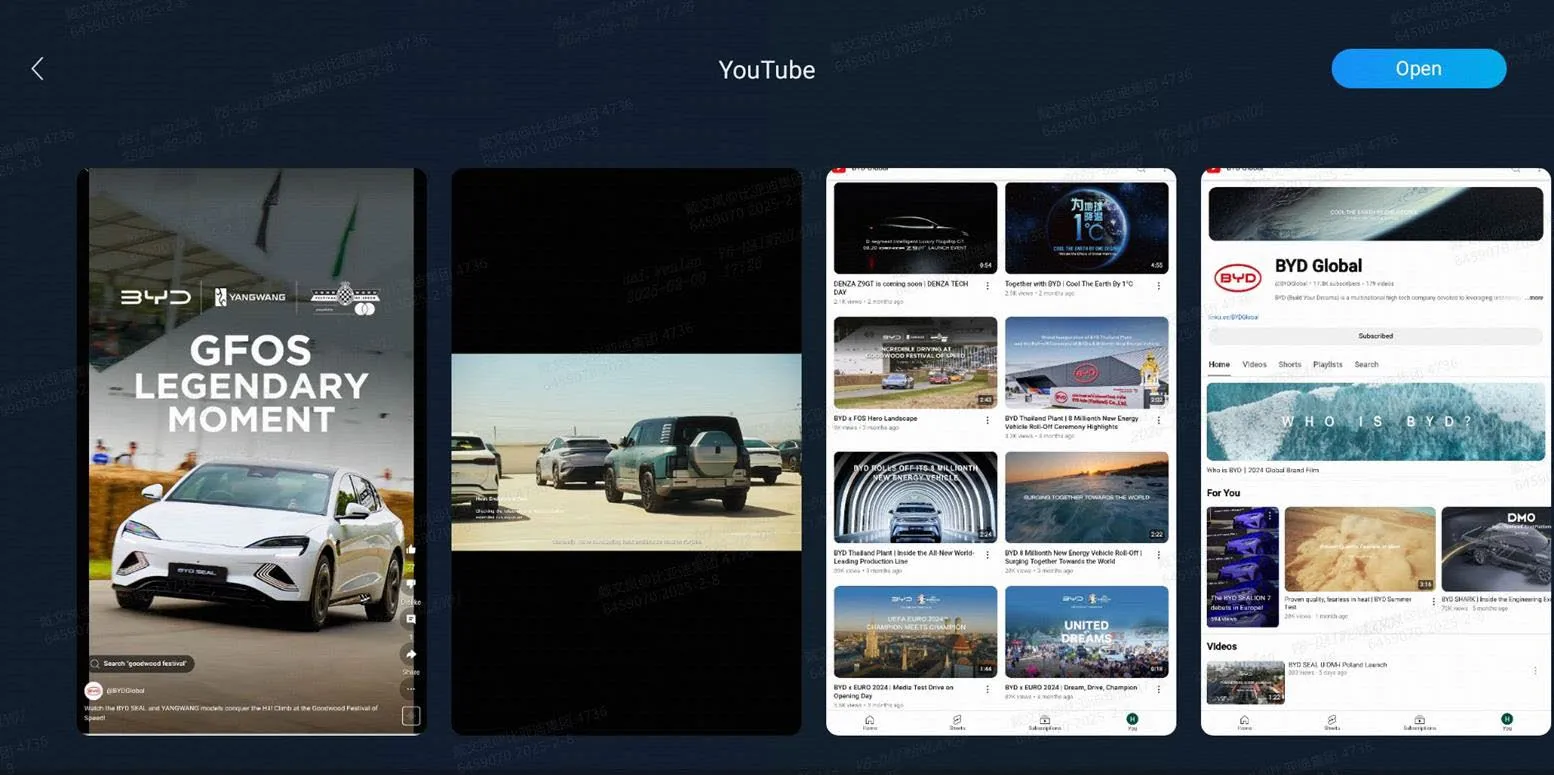 BYD Store detail page for YouTube with an Open button at top right and four preview screenshots of the app, including a BYD Global channel page.
