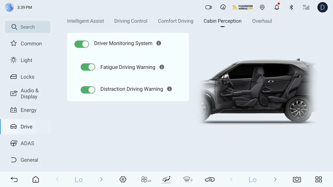 Head-unit settings screen, Drive section, Cabin Perception tab, with three enabled toggles: Driver Monitoring System, Fatigue Driving Warning and Distraction Driving Warning, next to a side view of the car interior.