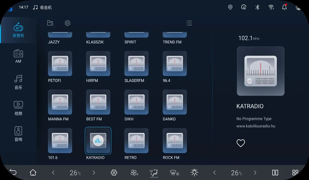 Head-unit radio app showing a grid of stored FM stations (JAZZY, KLASSZIK, SPIRIT, TREND FM, PETOFI, HIRFM, SLAGERFM, 96.4, MANNA FM, BEST FM, DIKH, DANKO, 101.6, KATRADIO, RETRO, ROCK FM) with KATRADIO selected on 102.1 MHz.