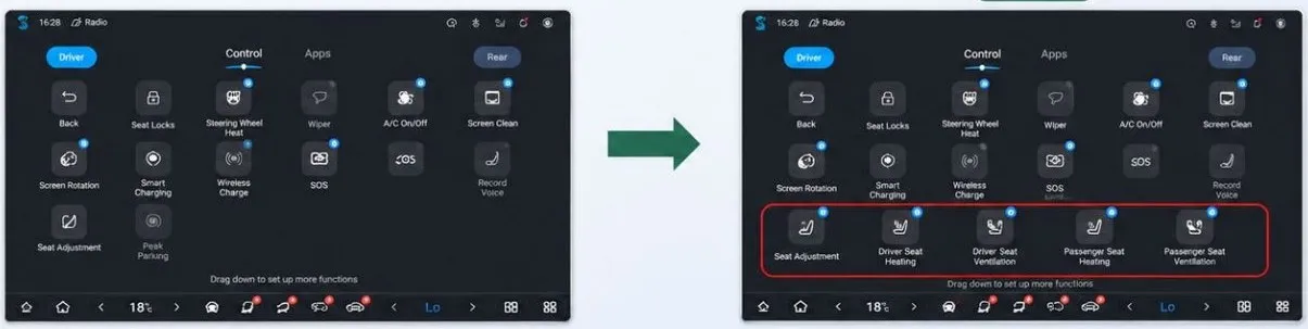 Two head-unit screenshots of the Control panel, before and after the update. After, a new row outlined in red holds Seat Adjustment, Driver Seat Heating, Driver Seat Ventilation, Passenger Seat Heating and Passenger Seat Ventilation.