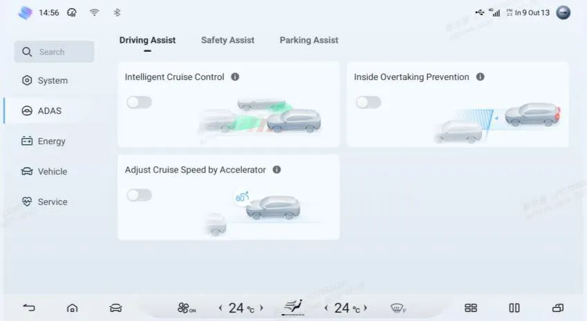Head-unit ADAS settings, Driving Assist tab, with three cards each carrying a toggle switched off: Intelligent Cruise Control, Inside Overtaking Prevention and the new Adjust Cruise Speed by Accelerator, the last illustrated with a car and an 80 km/h badge.
