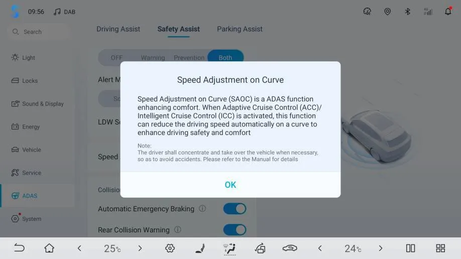 Head-unit ADAS settings with an information dialog titled Speed Adjustment on Curve explaining that the function works with ACC and ICC, and an OK button.