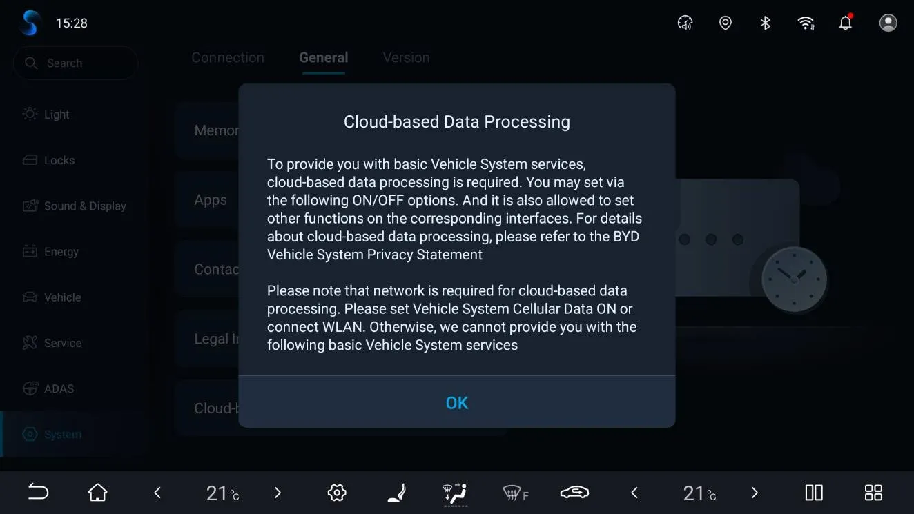 The same head-unit settings screen with an explanatory Cloud-based Data Processing dialog about the network requirement and the BYD Vehicle System Privacy Statement, with an OK button.