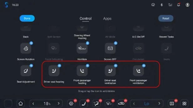 Head-unit shortcut editor after the update, Control tab, with a red box around four new tiles: Driver seat heating, Front passenger heating, Driver seat ventilation and Front passenger ventilation, under the hint Drag or tap the icon to add/delete.