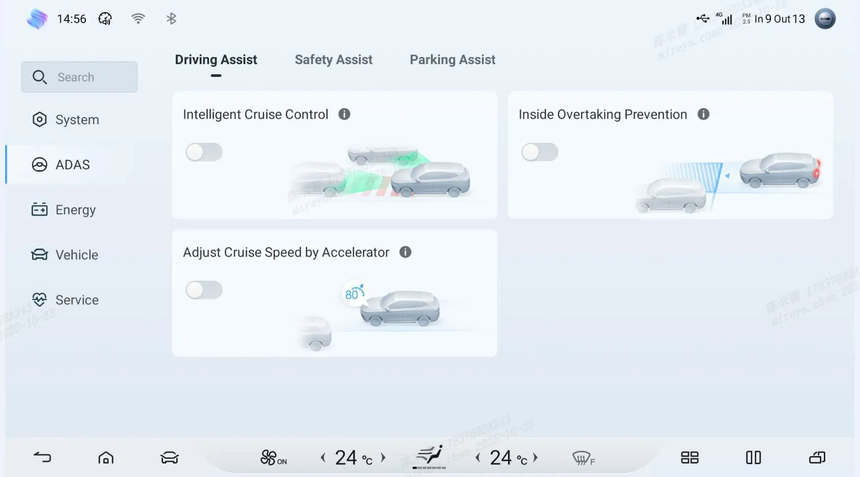 ADAS → Driving Assist page with cards and toggles for Intelligent Cruise Control, Inside Overtaking Prevention and Adjust Cruise Speed by Accelerator, all switched off.