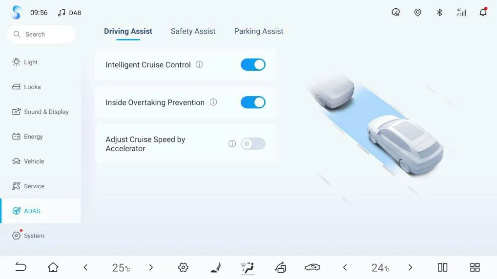 Head-unit ADAS settings, Driving Assist tab, showing Intelligent Cruise Control and Inside Overtaking Prevention switched on and Adjust Cruise Speed by Accelerator switched off.