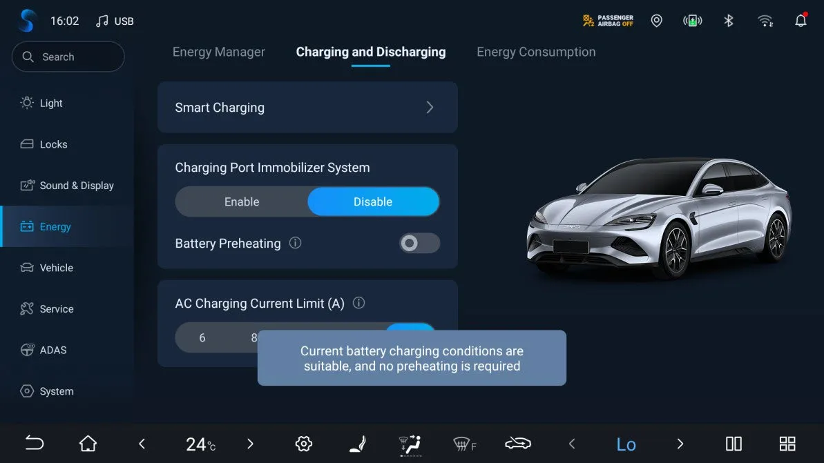 Head-unit Energy → “Charging and Discharging” tab showing Smart Charging, the Charging Port Immobilizer System set to Disable, a Battery Preheating toggle and an “AC Charging Current Limit (A)” selector starting at 6 and 8, partly covered by the toast “Current battery charging conditions are suitable, and no preheating is required”.
