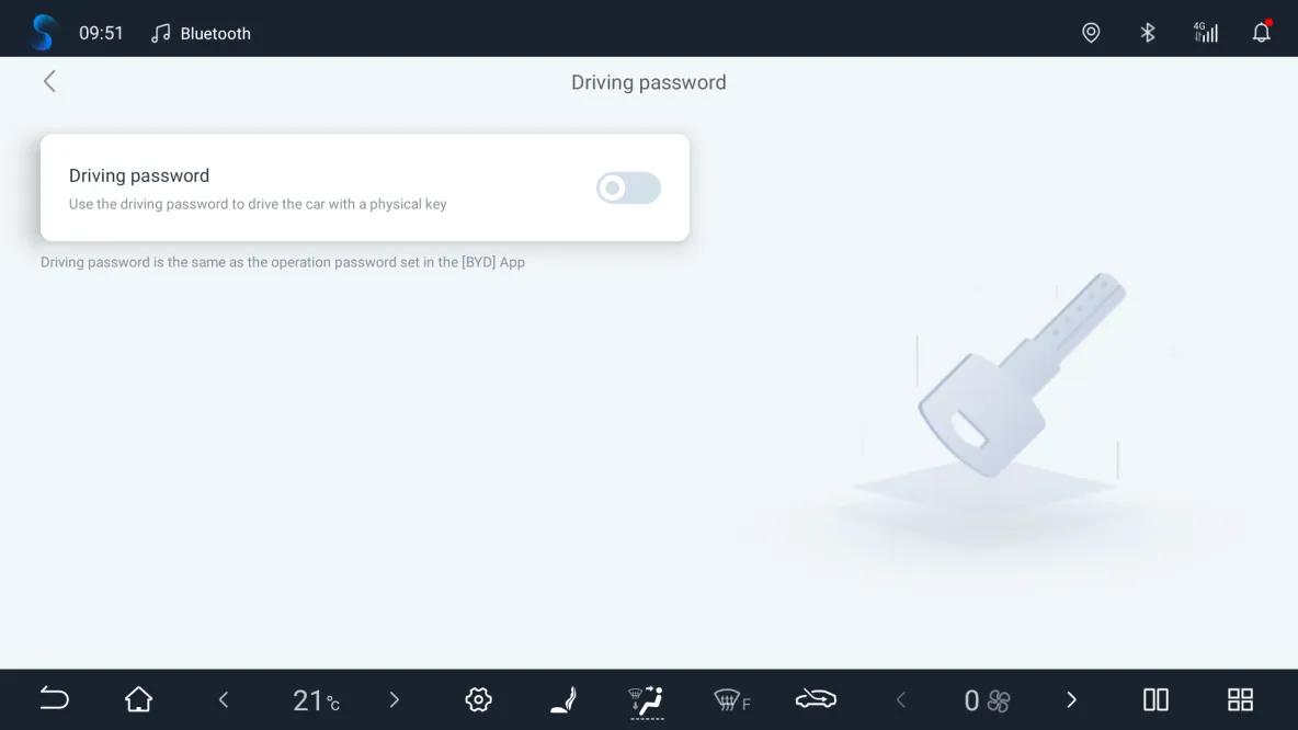 Head-unit Driving password settings page with a single toggle, switched off, labelled Use the driving password to drive the car with a physical key, and the note Driving password is the same as the operation password set in the BYD App.