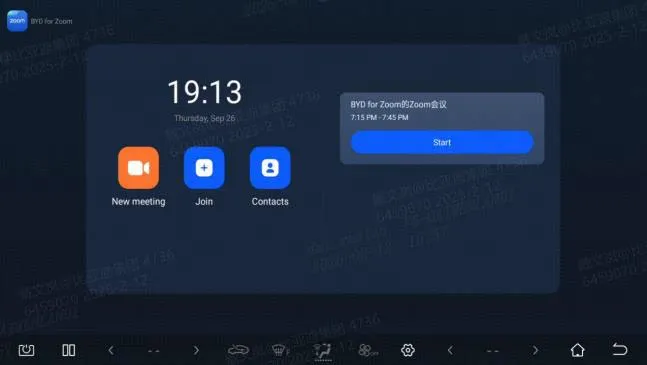 BYD for Zoom home screen on the head unit showing the clock (19:13, Thursday, Sep 26), buttons for New meeting, Join and Contacts, and a scheduled meeting card with a Start button.