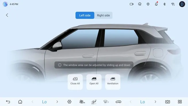 Head-unit window control screen with Left side / Right side tabs, a side view of the ATTO 2 with the hint ‘The window area can be adjusted by sliding up and down’, and buttons Close All, Open All and Ventilation.