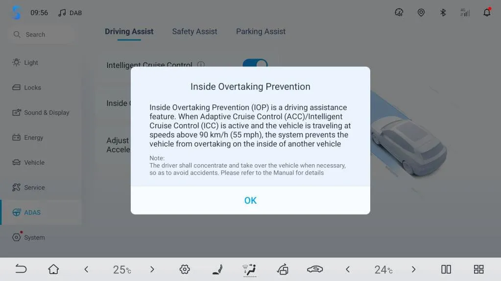Head-unit ADAS settings with an information dialog titled Inside Overtaking Prevention describing the roughly 90 km/h threshold, and an OK button.