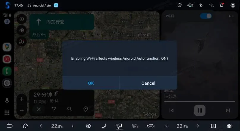 Head-unit running Android Auto navigation with the dialog Enabling Wi-Fi affects wireless Android Auto function. ON? and the buttons OK and Cancel.
