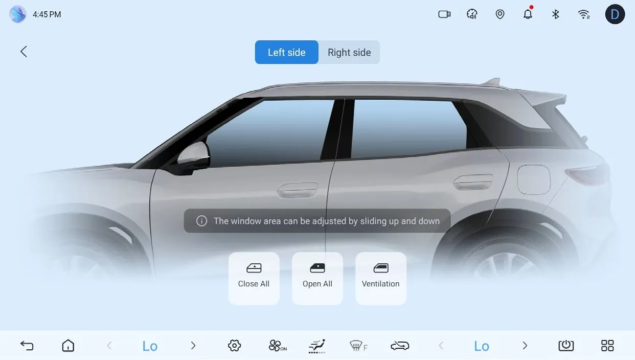 Head-unit window-control screen with ‘Left side’ and ‘Right side’ tabs, a side view of the car with the hint ‘The window area can be adjusted by sliding up and down’, and buttons Close All, Open All and Ventilation.