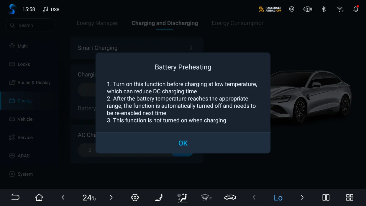 Head-unit Energy settings, Charging and Discharging tab, with a red-outlined Battery Preheating dialogue listing three points: turn the function on before charging at low temperature to reduce DC charging time; it switches off automatically once the battery temperature is in range and must be re-enabled next time; it is not turned on while charging.