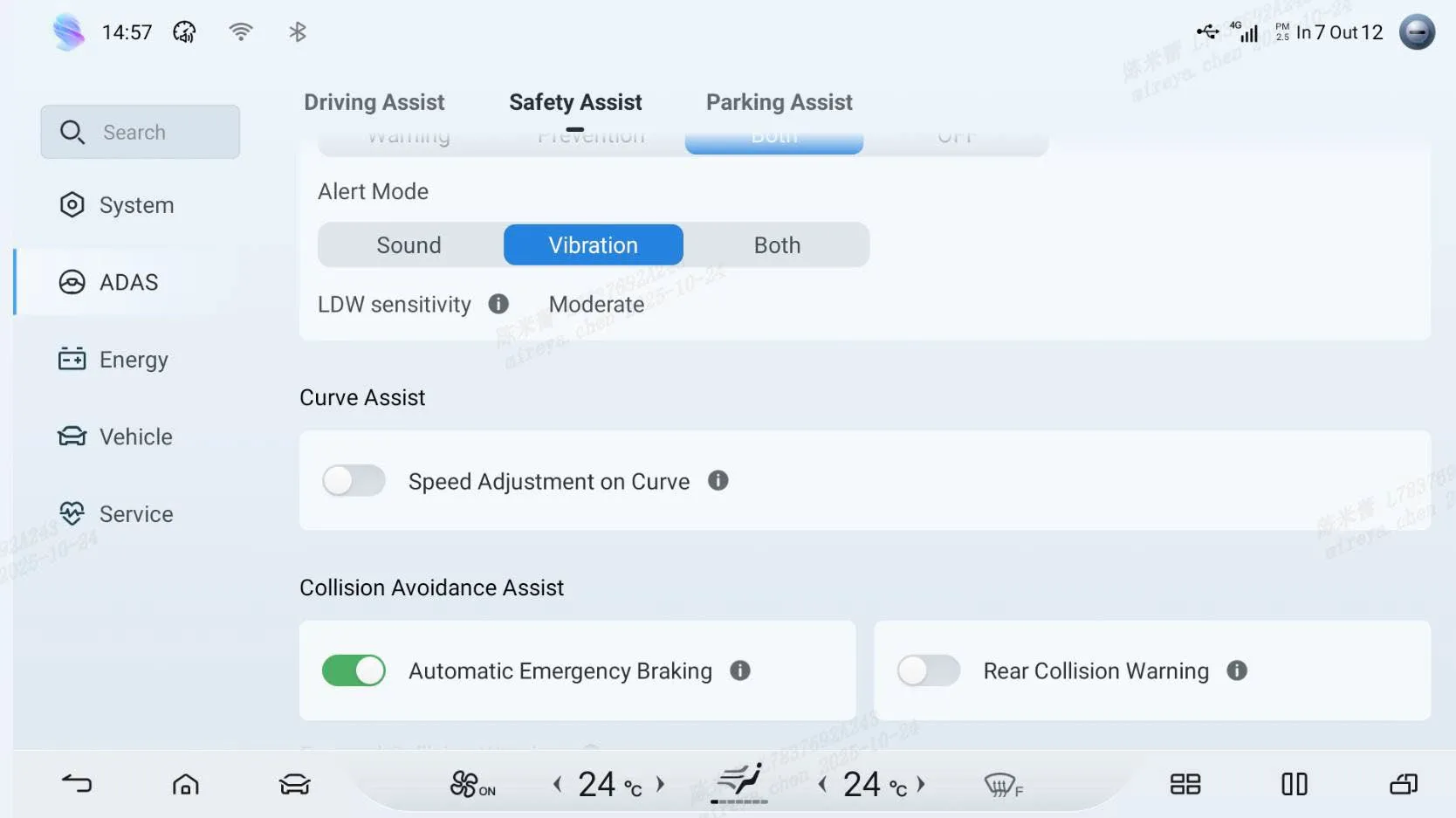 ADAS → Safety Assist page showing Alert Mode (Sound / Vibration / Both) with Vibration selected, LDW sensitivity “Moderate”, a Curve Assist group with the “Speed Adjustment on Curve” toggle off, and Collision Avoidance Assist with Automatic Emergency Braking on and Rear Collision Warning off.
