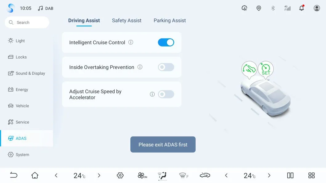 Head-unit ADAS settings, Driving Assist tab, with Intelligent Cruise Control switched on, Inside Overtaking Prevention and Adjust Cruise Speed by Accelerator switched off, and a Please exit ADAS first message button below.