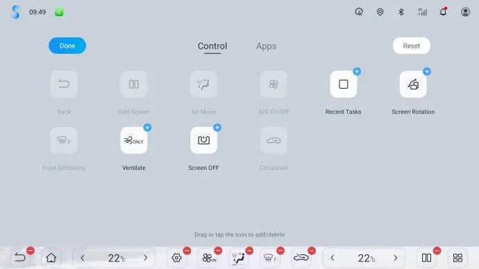 Head-unit navigation-bar customisation screen in edit mode, with a Done button on the left, a Reset button on the top right and Control/Apps tabs above a grid of shortcut tiles.