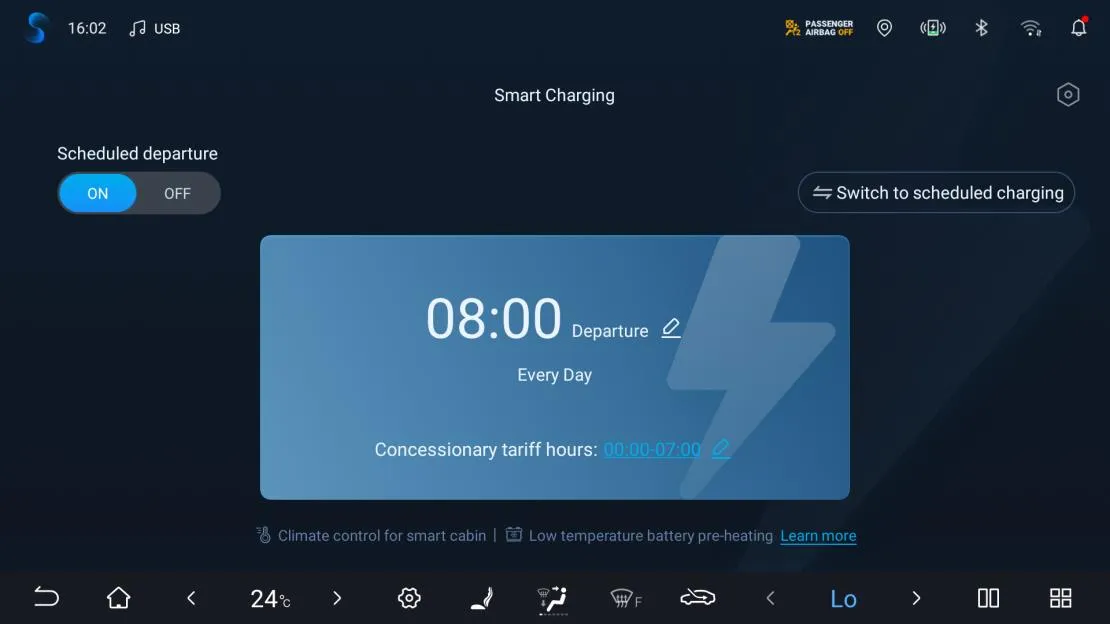 Head-unit Smart Charging page with Scheduled departure set to ON, a card showing a departure time of 08:00 Every Day and Concessionary tariff hours: 00:00-07:00, a Switch to scheduled charging button, and footer links for climate control for the smart cabin and low temperature battery pre-heating.