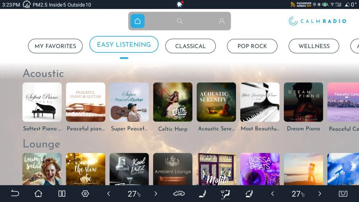 Calm Radio on the head unit with genre tabs (My Favorites, Easy Listening, Classical, Pop Rock, Wellness) and channel rows for Acoustic and Lounge, each channel shown as cover art.