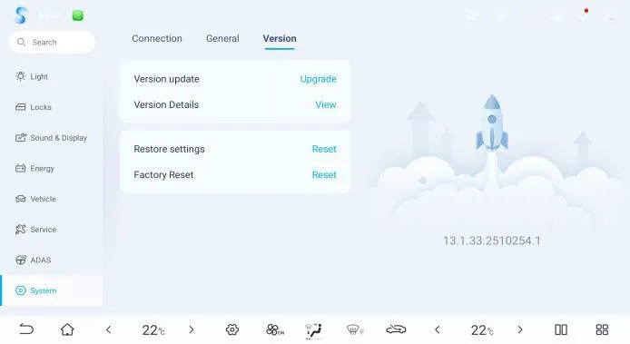 Head-unit System settings, Version tab, listing Version update (Upgrade), Version Details (View), Restore settings (Reset) and Factory Reset (Reset), with the software version 13.1.33.2510254.1 shown beside a rocket illustration.