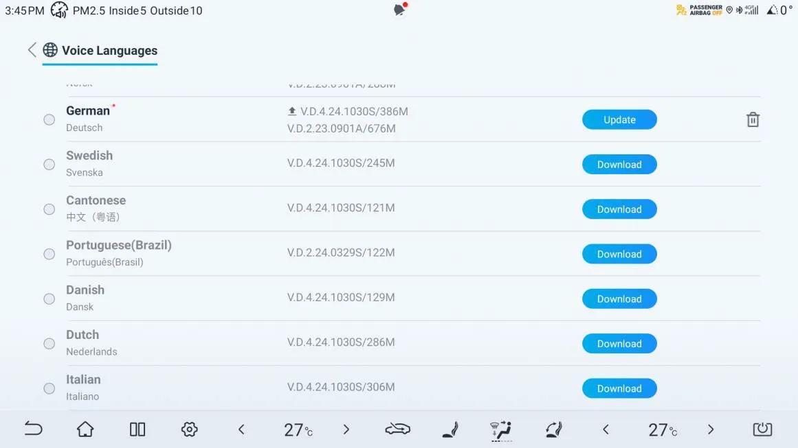 Voice Languages list on the head unit showing German (with an Update button and a delete icon), Swedish, Cantonese, Portuguese (Brazil), Danish, Dutch and Italian, each with a pack version, size and a Download button.