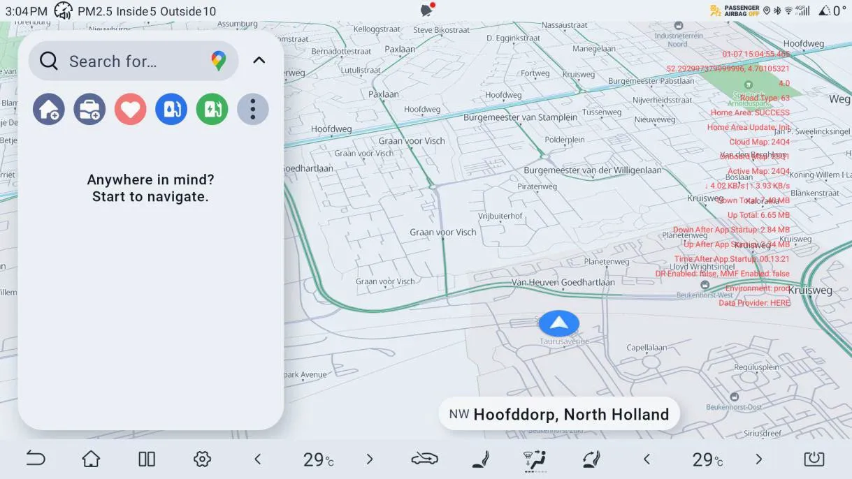 Navigation on the head unit with a search panel reading Search for… next to a Google Maps logo, shortcut icons for home, work, favourites and charging, the prompt Anywhere in mind? Start to navigate., and a map of Hoofddorp, North Holland.