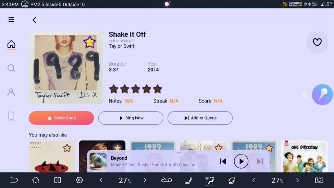 Karaoke app on the head unit showing the song page for Shake It Off in the style of Taylor Swift, with duration 3:37, year 2014, a five-star rating and the buttons Score Song, Sing Now and Add to Queue.