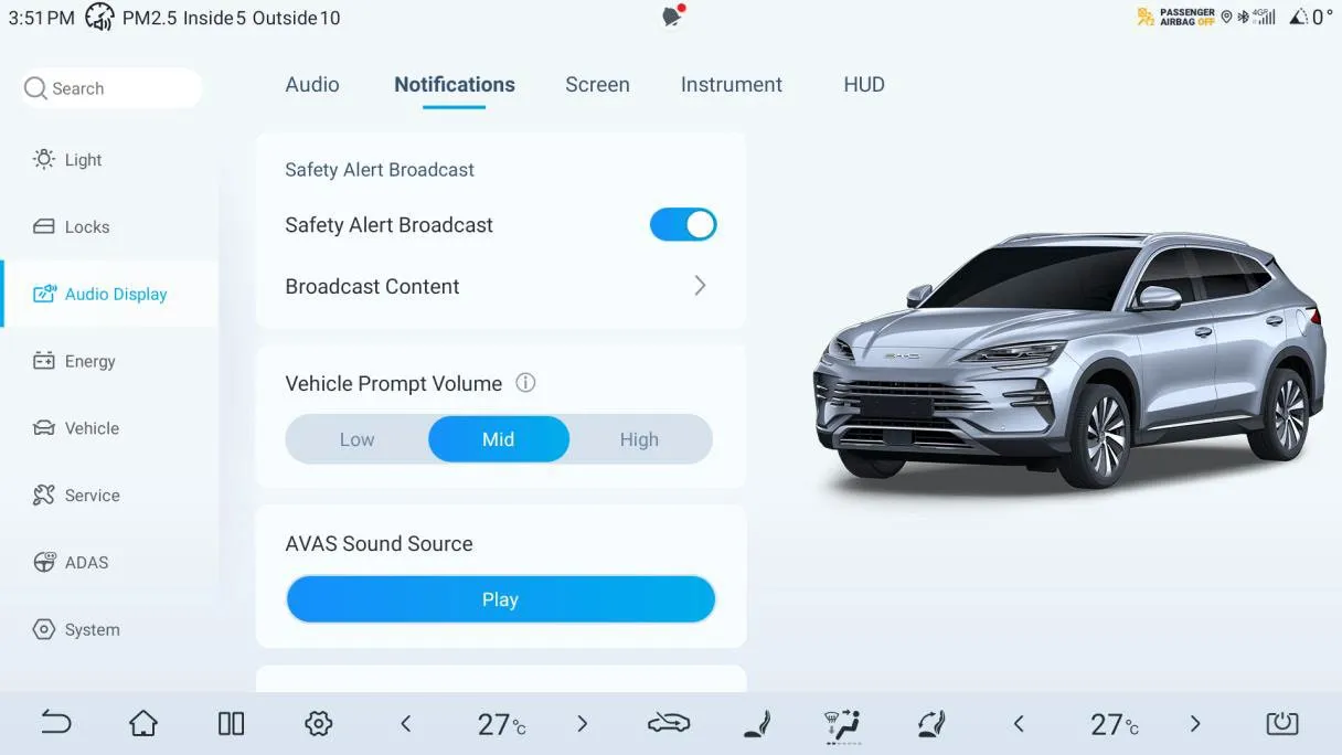Head-unit settings, Audio Display section, Notifications tab: a Safety Alert Broadcast toggle, a Broadcast Content entry, a Vehicle Prompt Volume selector set to Mid between Low and High, and an AVAS Sound Source Play button.