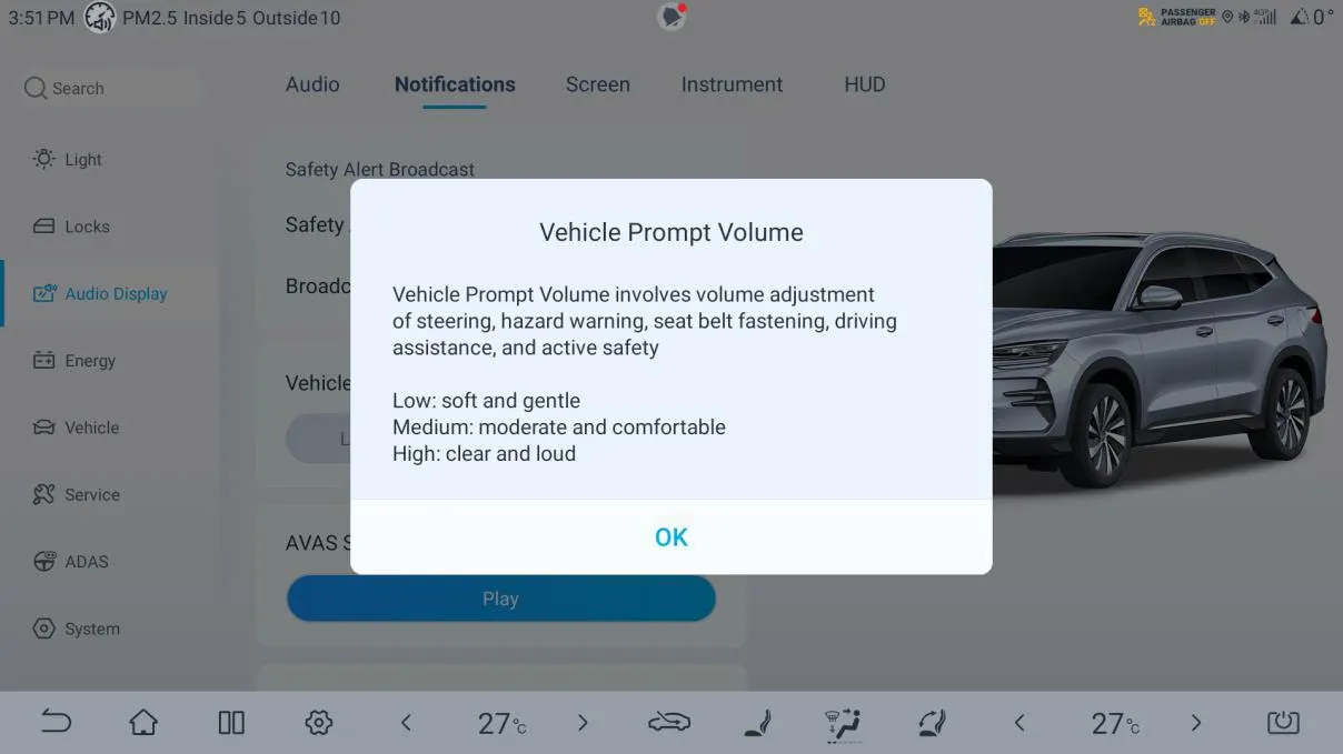 Explanatory dialogue Vehicle Prompt Volume stating that it adjusts the volume of steering, hazard warning, seat belt fastening, driving assistance and active safety, with the levels described as Low: soft and gentle, Medium: moderate and comfortable, High: clear and loud.