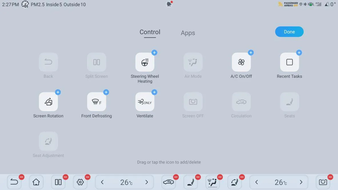 Dock bar edit mode on the head unit, Control tab: a grid of vehicle functions (Back, Split Screen, Steering Wheel Heating, Air Mode, A/C On/Off, Recent Tasks, Screen Rotation, Front Defrosting, Ventilate, Screen OFF, Circulation, Seats, Seat Adjustment) with plus badges, the hint Drag or tap the icon to add/delete, and the dock below showing minus badges.