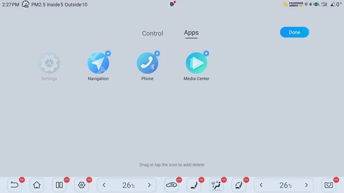 The same dock bar edit mode on the Apps tab, offering Settings, Navigation, Phone and Media Center, with the dock at the bottom in edit state.