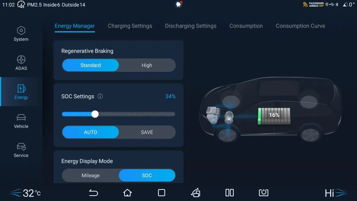Energy Manager settings before the update: a five-entry side menu (System, ADAS, Energy, Vehicle, Service) with the tabs Energy Manager, Charging Settings, Discharging Settings, Consumption and Consumption Curve, plus Regenerative Braking, SOC Settings and Energy Display Mode controls.