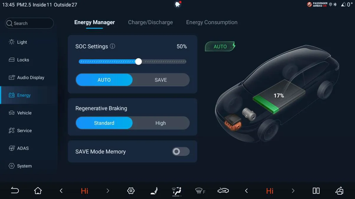 Energy Manager settings after the update: a search field above an eight-entry side menu (Light, Locks, Audio Display, Energy, Vehicle, Service, ADAS, System) and three tabs — Energy Manager, Charge/Discharge, Energy Consumption — with SOC Settings, Regenerative Braking and SAVE Mode Memory.