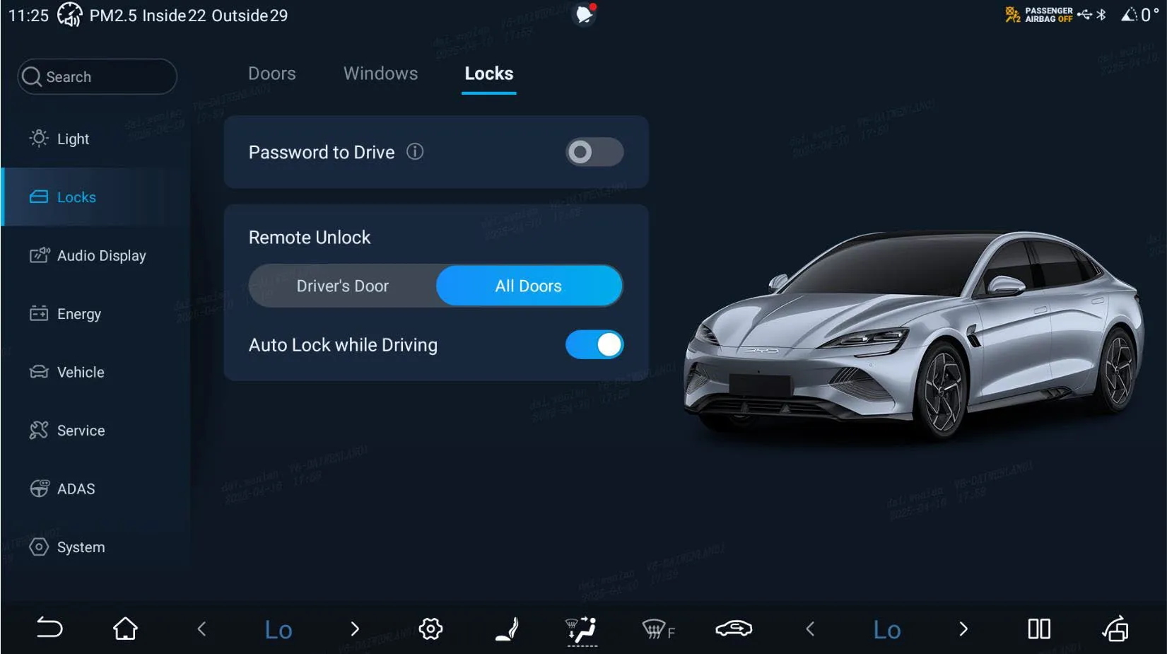 Head-unit settings, Locks tab, showing a Password to Drive toggle switched off, a Remote Unlock selector set to All Doors rather than Driver’s Door, and Auto Lock while Driving switched on, next to a rendering of a SEAL.